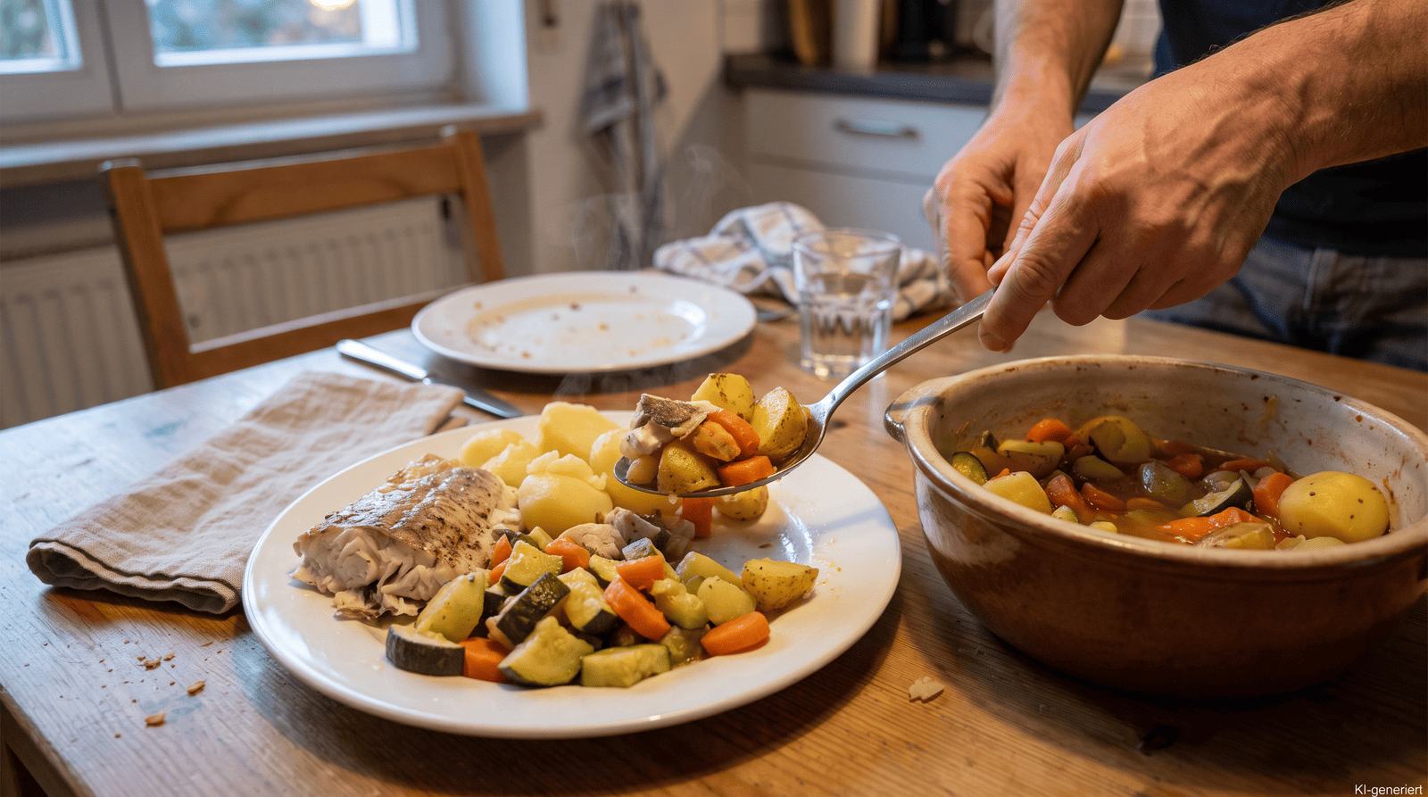 Hände portionieren ein einfaches, nicht zu großes Abendessen für eine bauchfreundliche Abendroutine