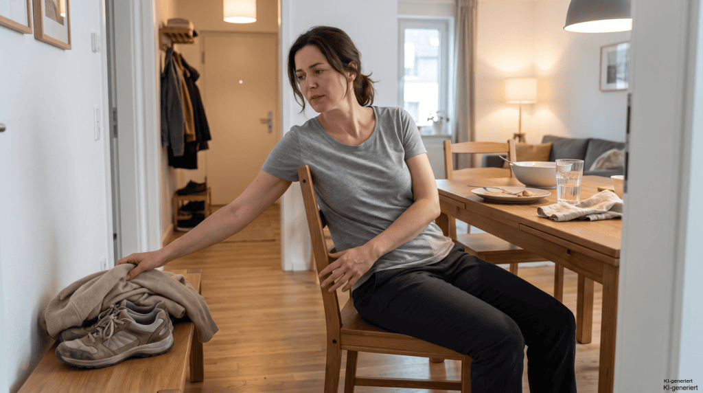 Frau mit leichtem Völlegefühl beginnt nach dem Abendessen ihre Abendroutine für die Verdauung