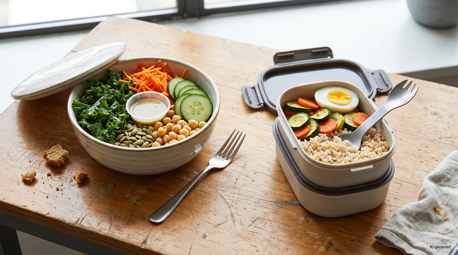 Zwei Büro-Lunches im Vergleich: große Rohkost-Kichererbsen-Bowl und einfache Reis-Gemüse-Lunchbox