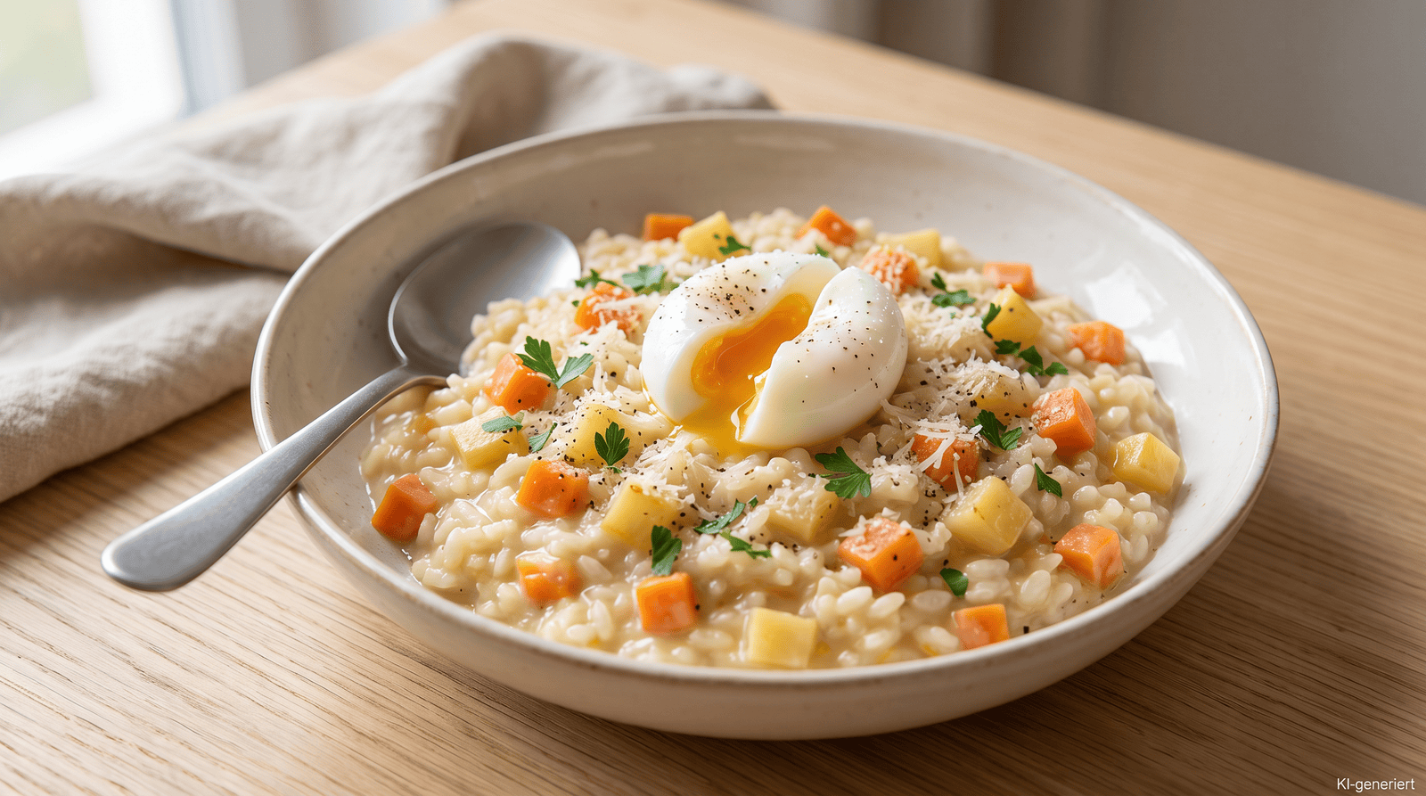 Cremiges Möhren-Pastinaken-Risotto mit Petersilie und weich gekochtem Ei