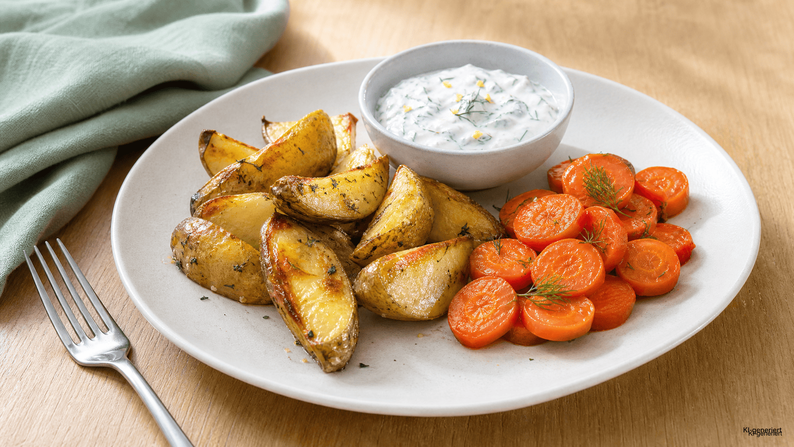 Goldbraune Ofenkartoffeln mit Zitronen-Dill-Quark und glasierten Möhren