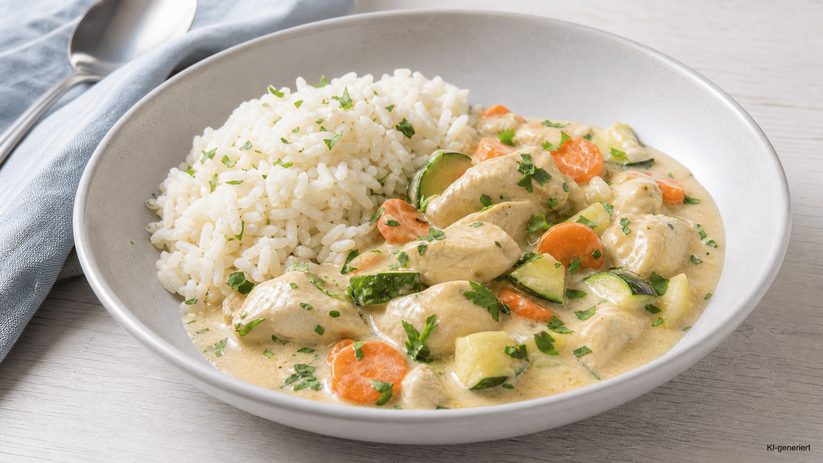 Mildes Hühnerfrikassee mit Reis, Möhren, Zucchini und frischer Petersilie