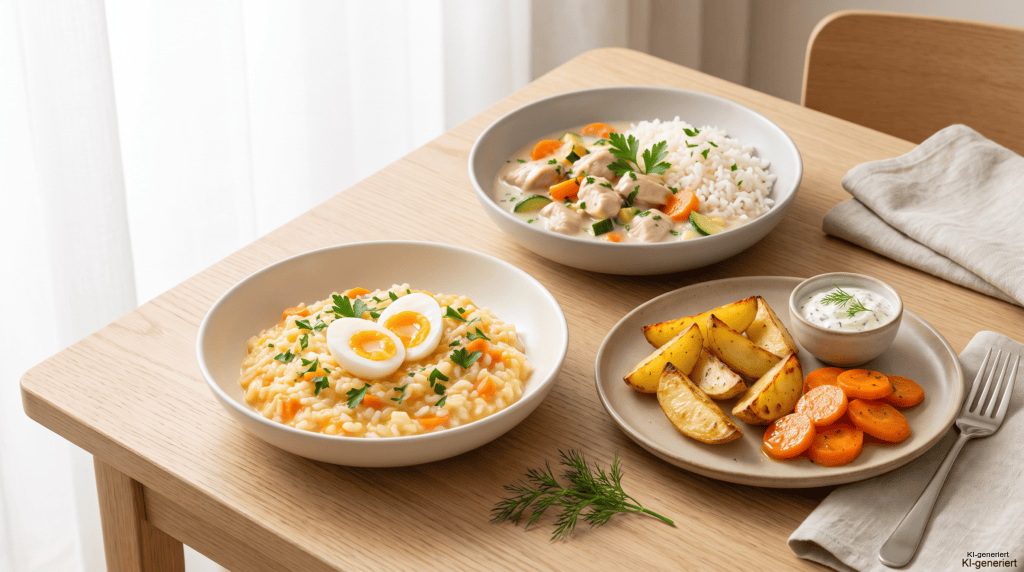 Bauchfreundlicher Wochenplan mit Möhren-Pastinaken-Risotto, Ofenkartoffeln und mildem Hühnerfrikassee