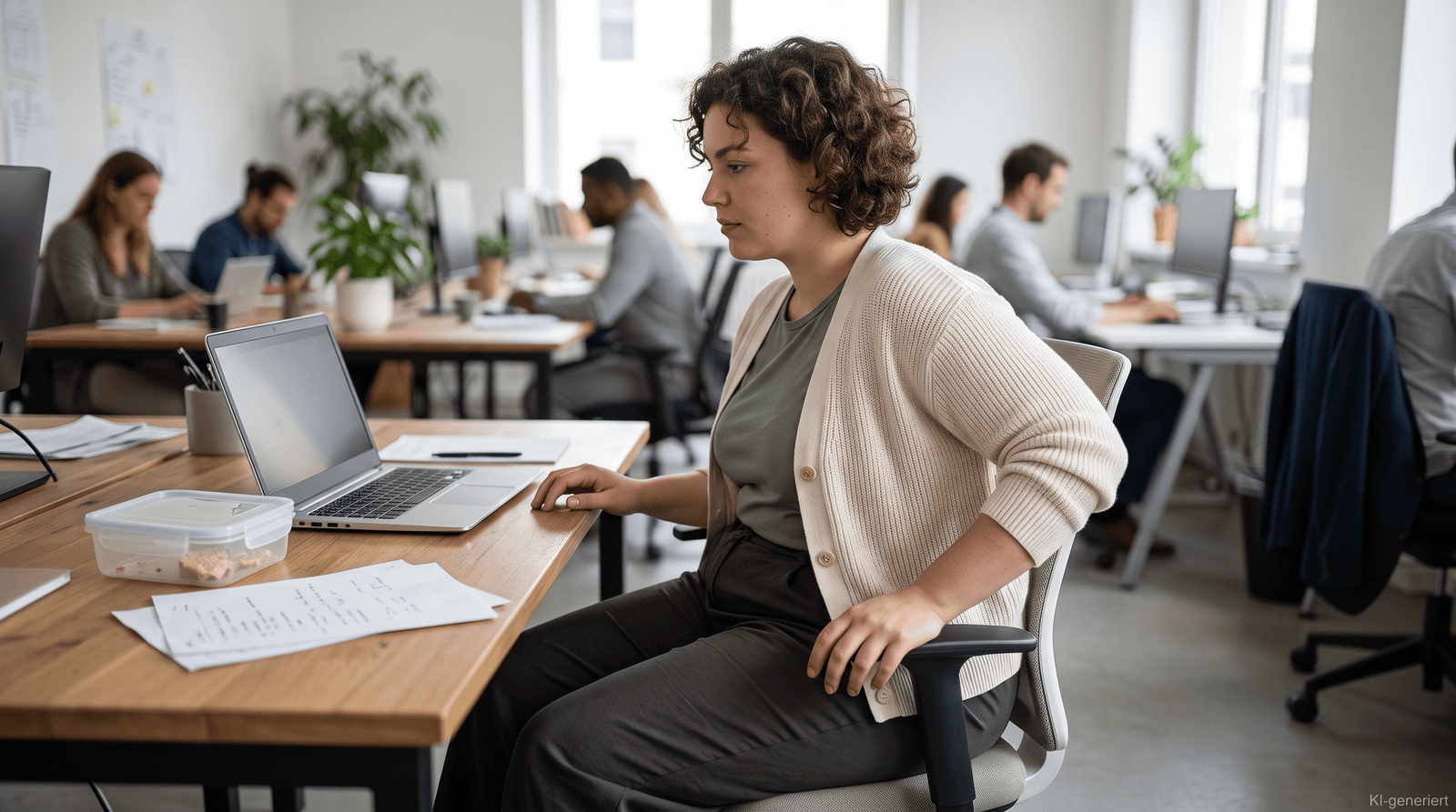 Angestellte mit Blähbauch im Büro sitzt nach der Mittagspause ruhig an ihrem Schreibtisch