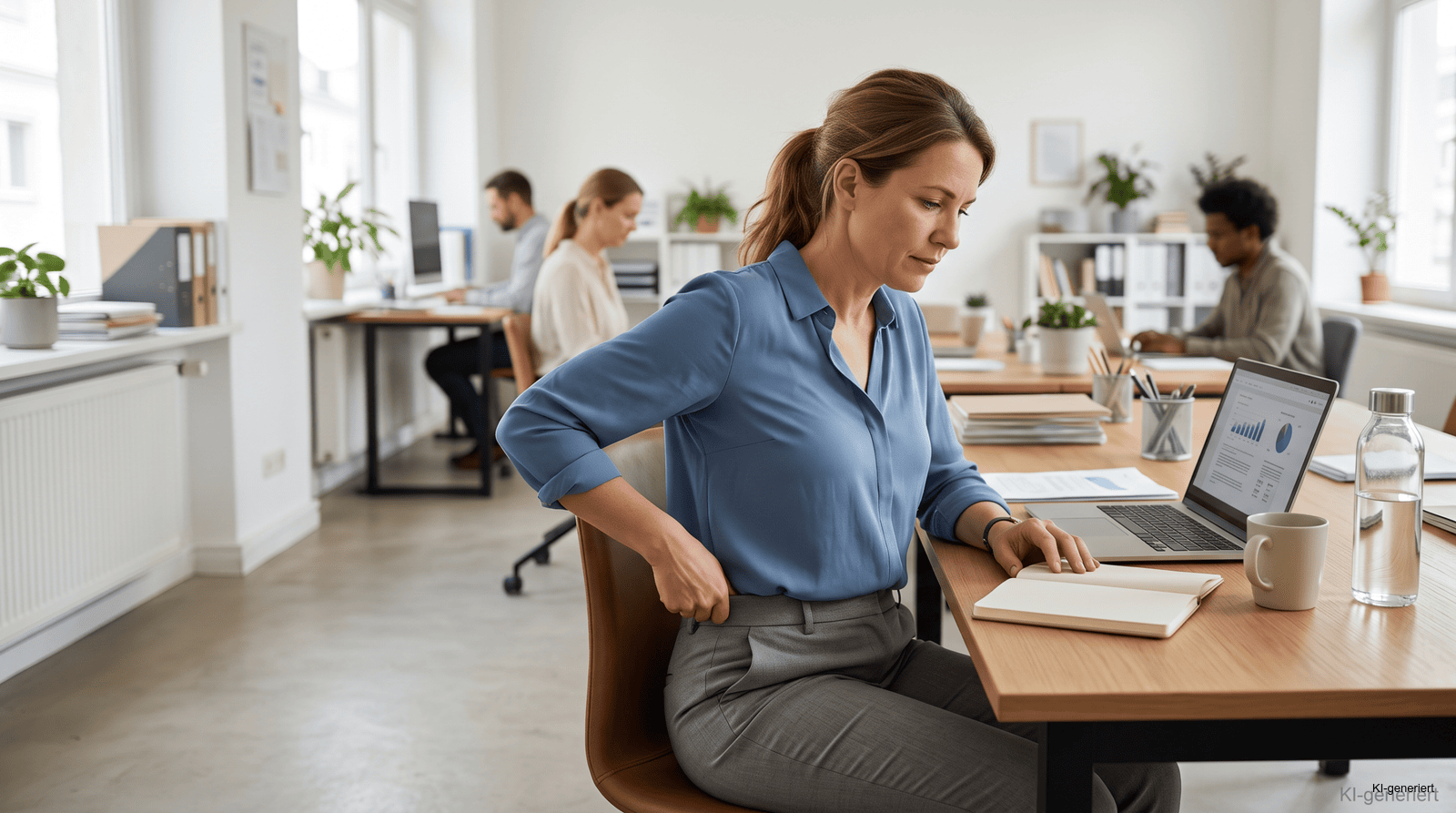 Angestellte mit Blähbauch im Büro sitzt nach der Mittagspause ruhig an ihrem Schreibtisch