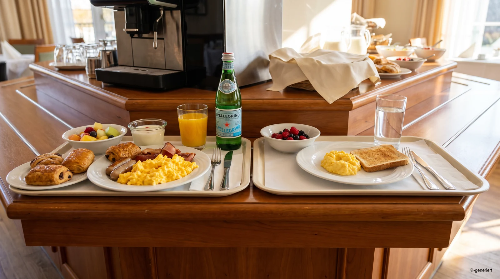 Hotelbuffet mit großer Mischportion und kleinerer, übersichtlicher Frühstücksportion als Vergleich