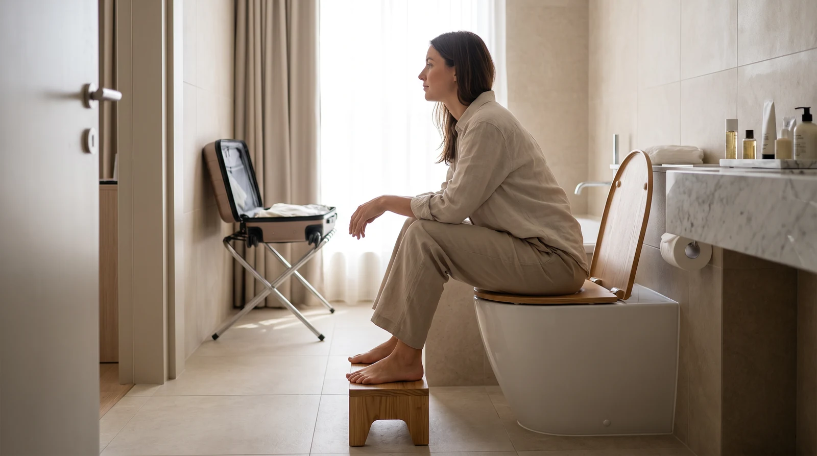 Frau in einem hellen Hotelbad bei einer ruhigen Toilettenroutine mit kleinem Fußhocker