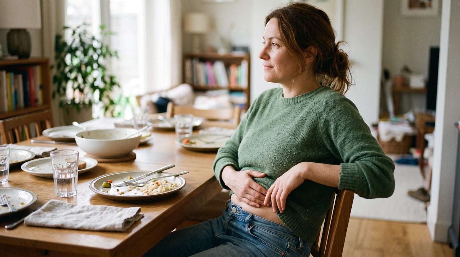 Frau bemerkt einen Blähbauch nach dem Essen an einem gedeckten Esstisch