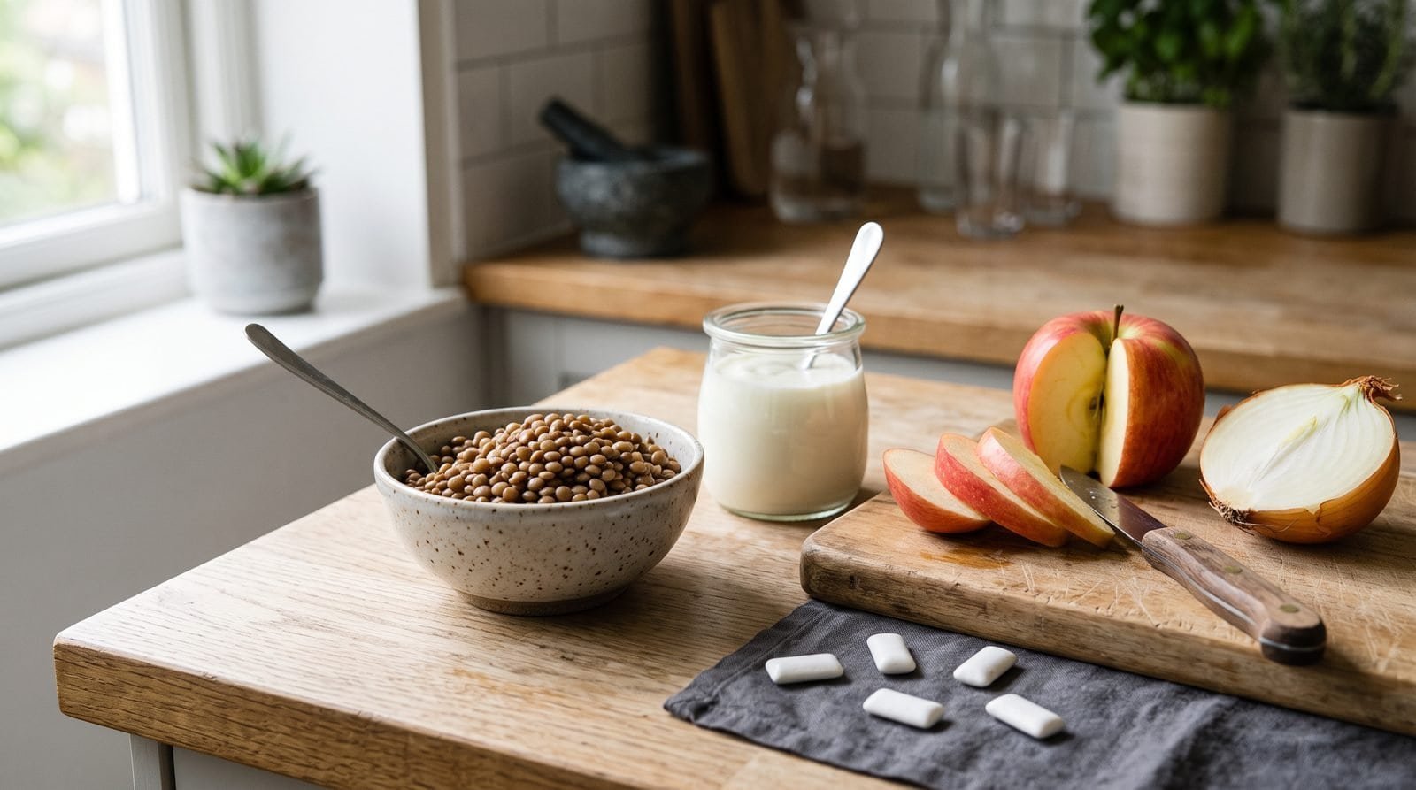 Alltagslebensmittel mit Hülsenfrüchten, Milchprodukt, Apfel, Zwiebel und zuckerfreiem Kaugummi