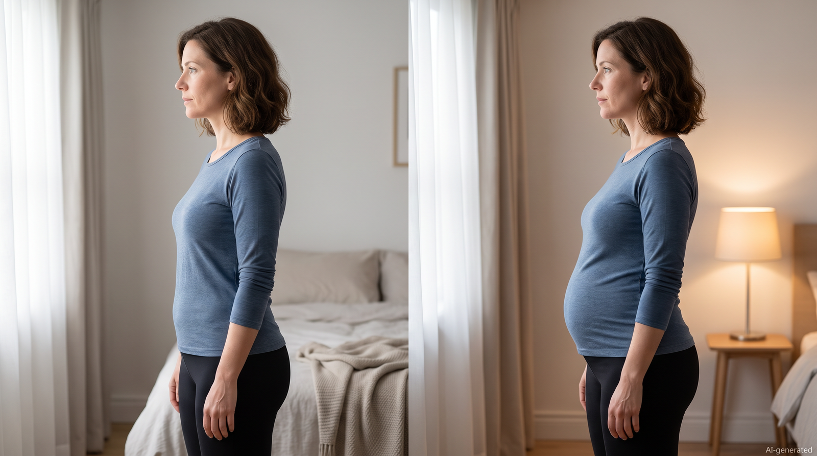 Realistische Gegenüberstellung derselben Frau mit flacherem Bauch am Morgen und Blähbauch nur am Abend