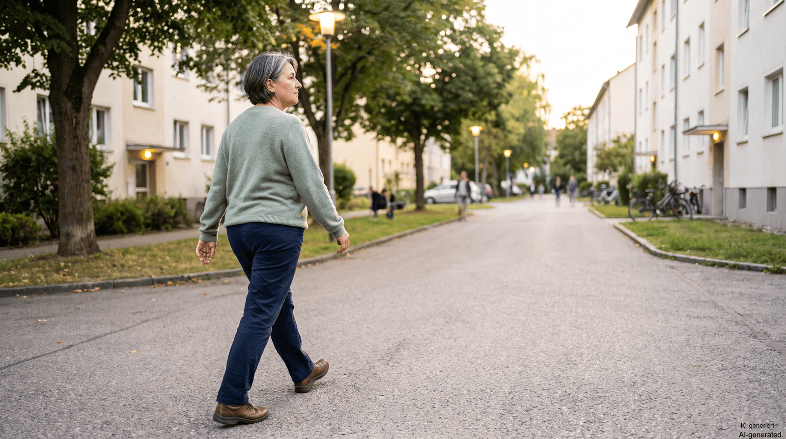 Frau bei einem ruhigen Spaziergang nach dem Abendessen als sanfte Routine gegen abendliches Völlegefühl
