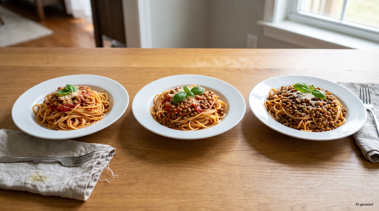 Drei Pastateller mit schrittweise mehr Linsen in der Tomatensauce als Beispiel für eine langsame Ballaststoffsteigerung