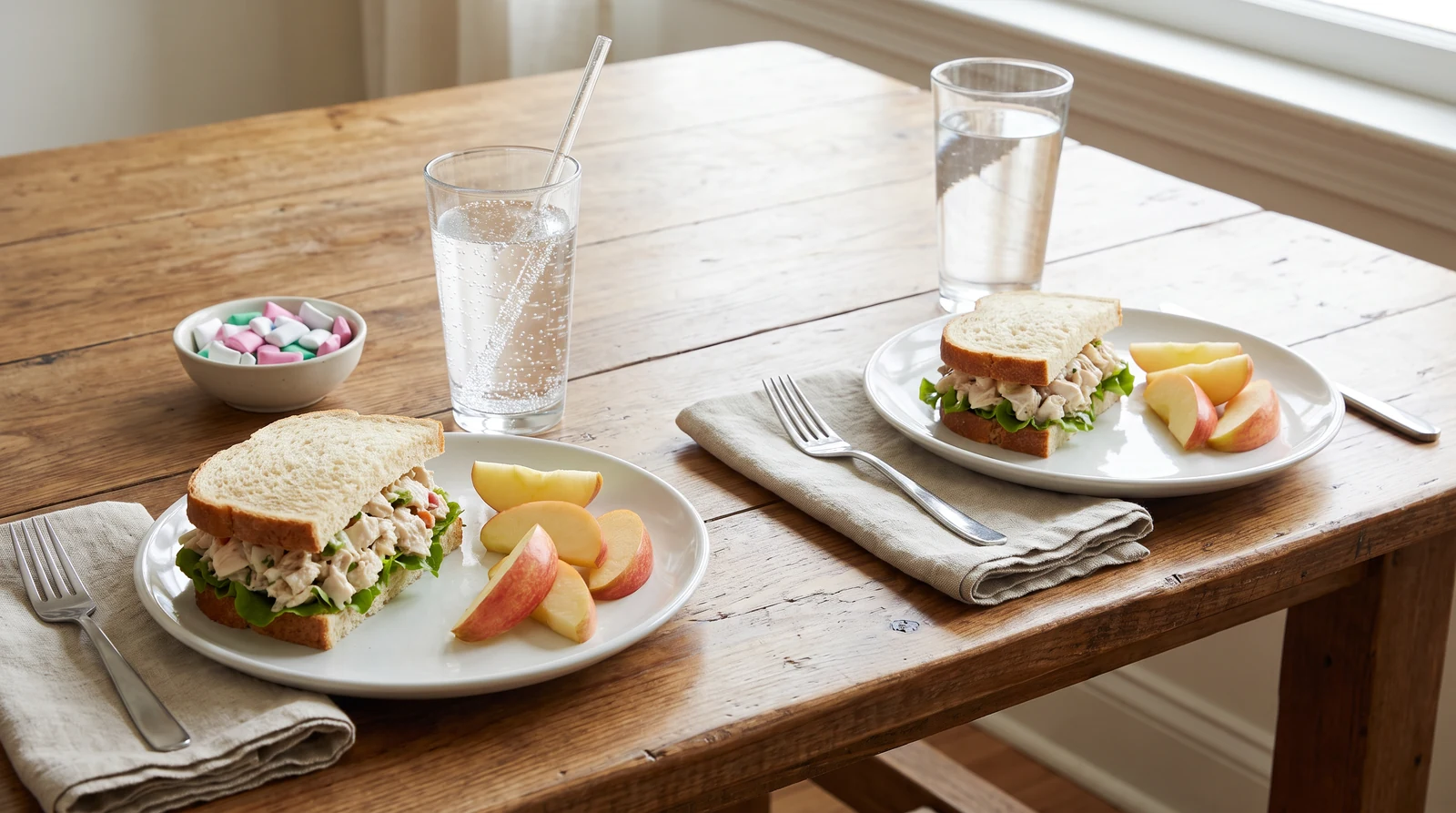 Zwei ähnliche Mahlzeiten im Vergleich mit unterschiedlicher Portionsgröße, Kohlensäure und Essenskontext
