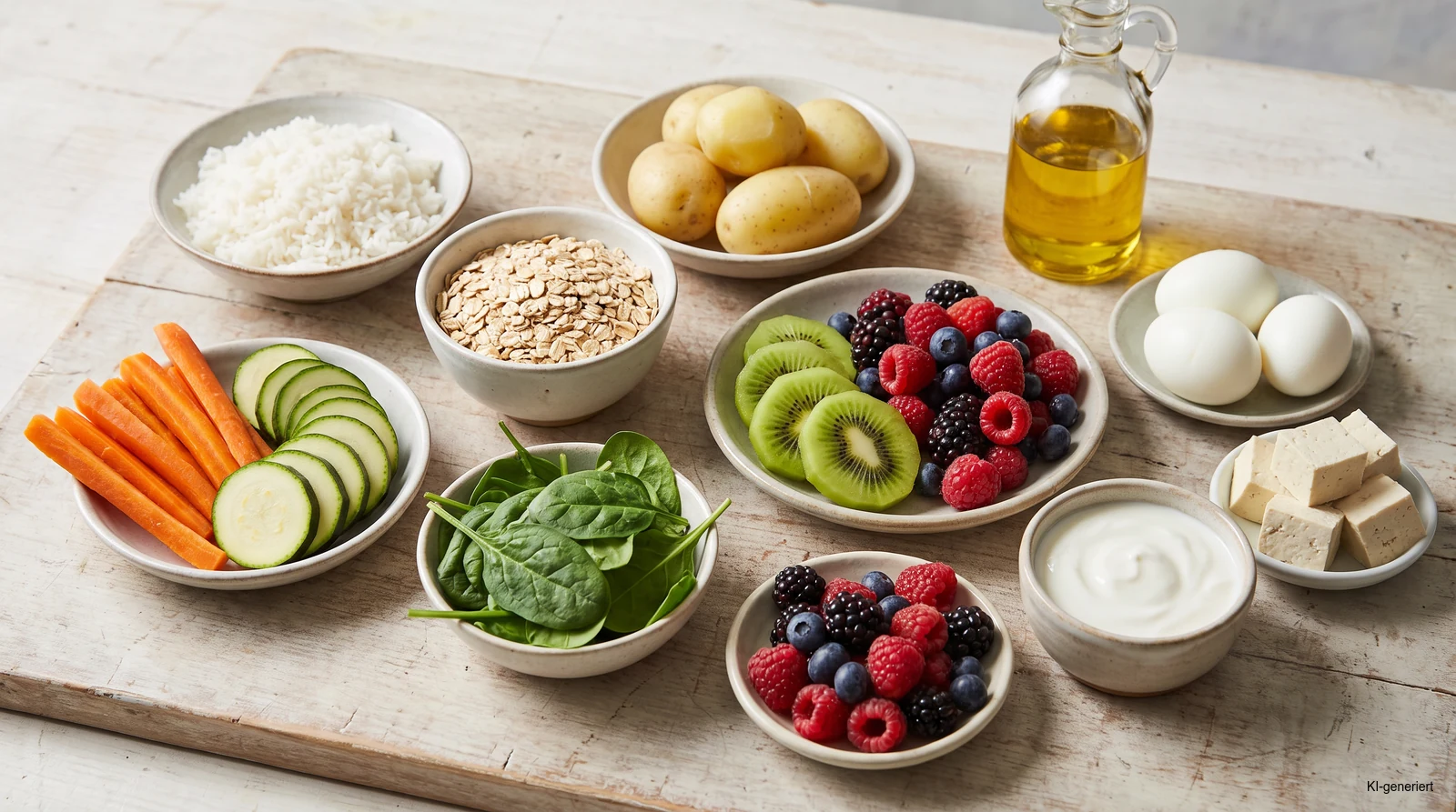 Bauchfreundliche Basics wie Reis, Kartoffeln, Zucchini, Kiwi, Eier und Naturjoghurt auf einer Arbeitsfläche