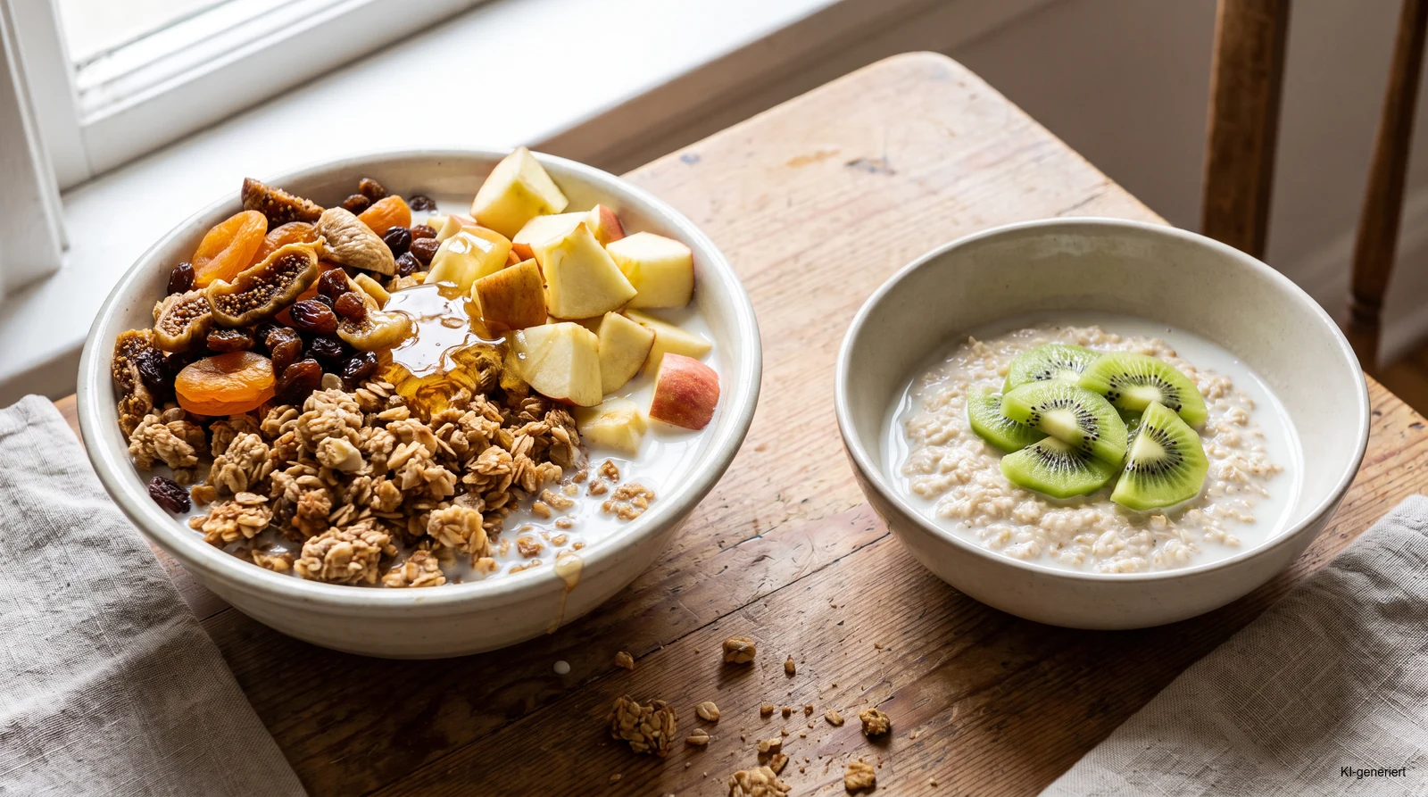 Vergleich zwischen einem sehr zutatenreichen Müsli und einem schlichten Haferfrühstück mit Kiwi und laktosefreier Milch