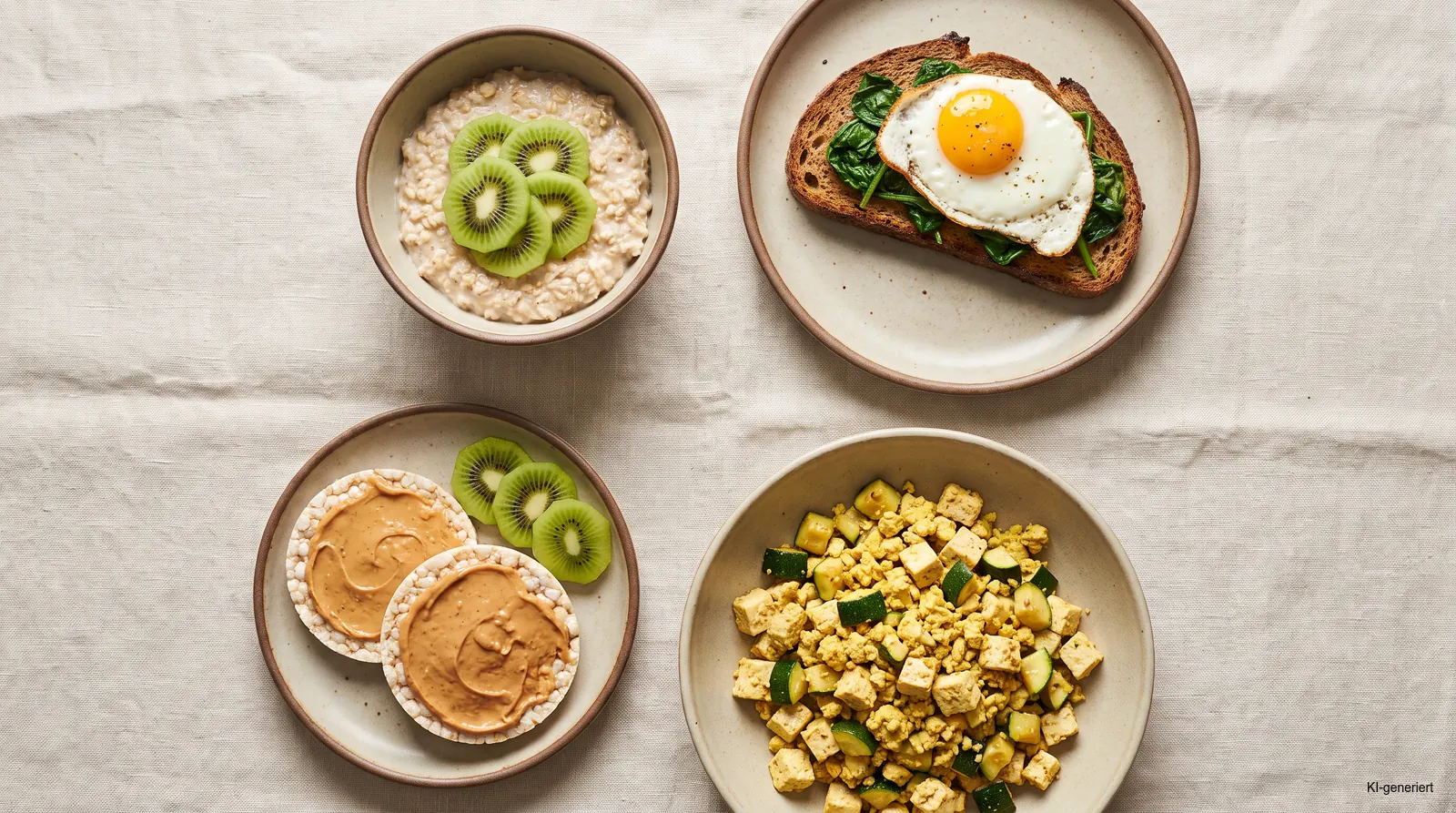 Vier einfache Optionen für Frühstück bei Blähbauch mit Haferbrei und Kiwi, Ei auf Brot, Reiswaffeln mit Erdnussmus und Tofu-Rührei