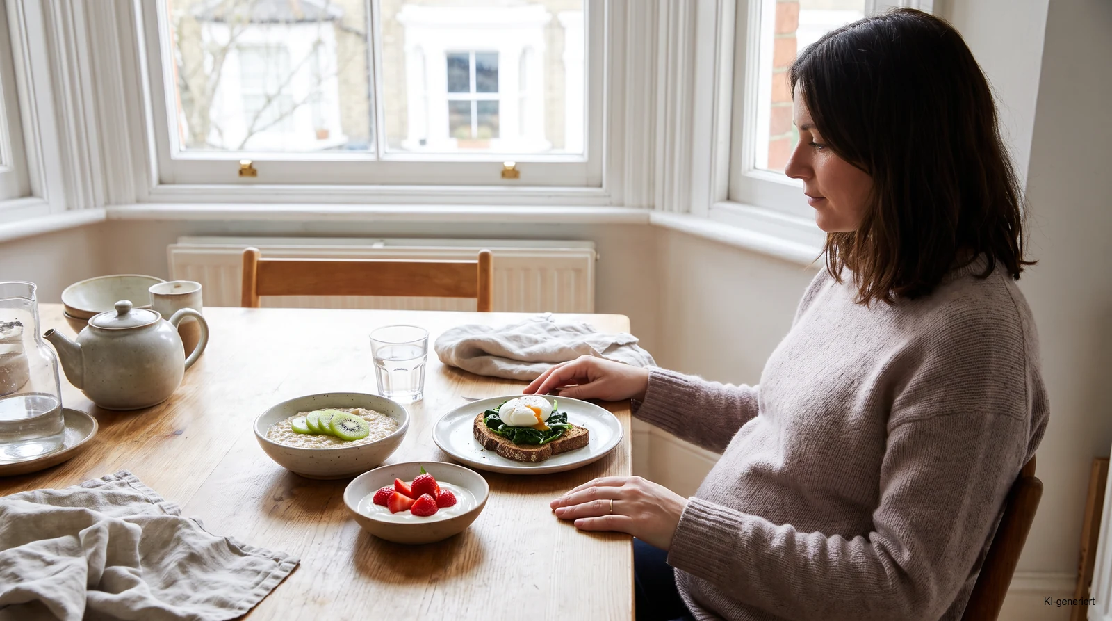 Frau wählt kleine, einfache Optionen für ein Frühstück bei Blähbauch mit Haferbrei, Ei und laktosefreiem Joghurt