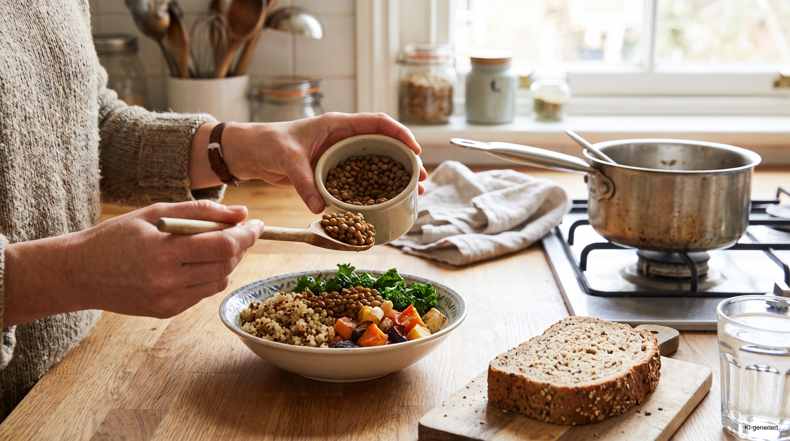 Linsen-Gemüse-Mahlzeit mit Vollkornbrot und Wasser als ballaststoffreiche Unterstützung der Verdauung
