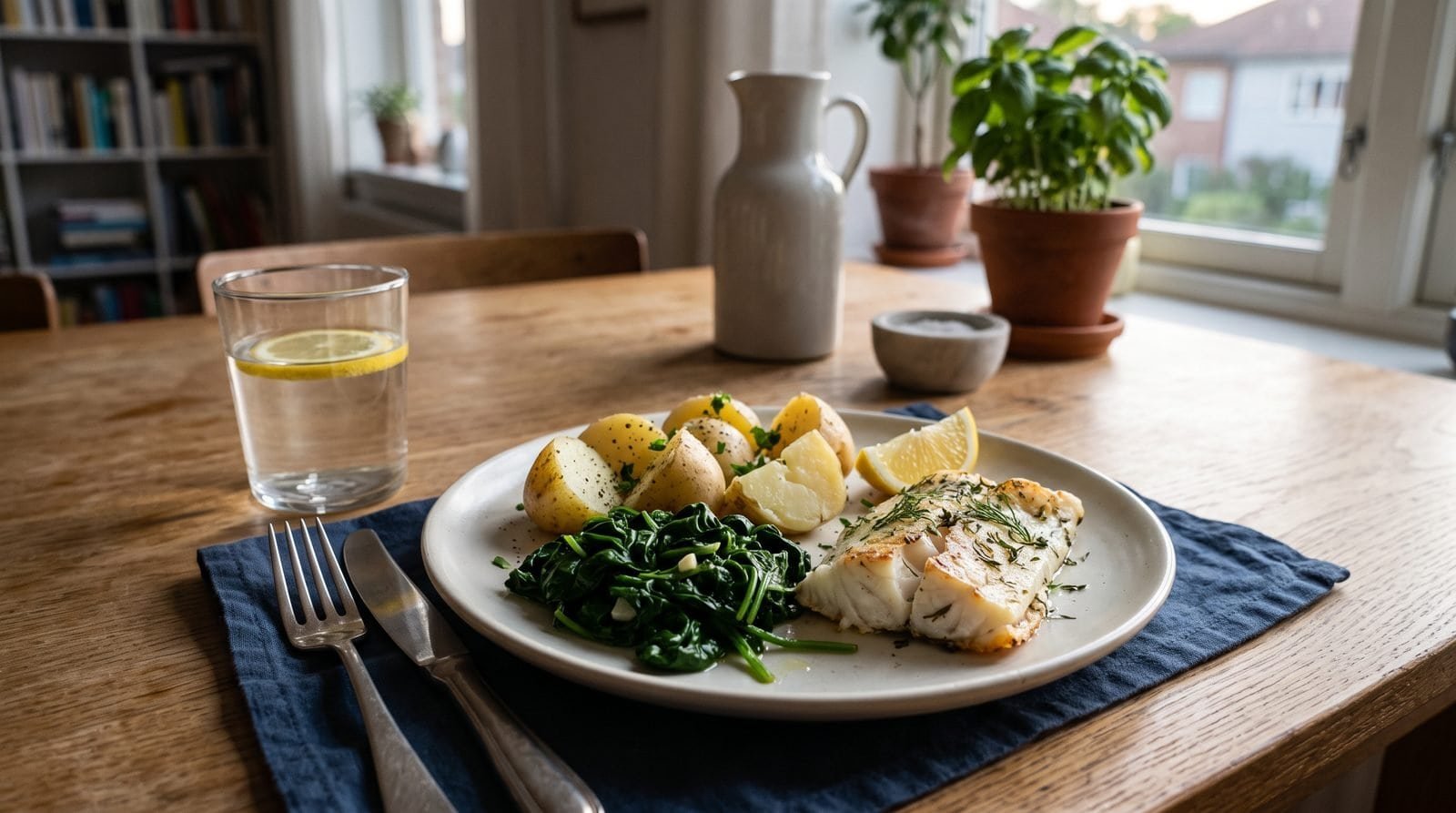 Bauchfreundliche Mahlzeit mit Kartoffeln, Spinat und schonend gegartem Fisch