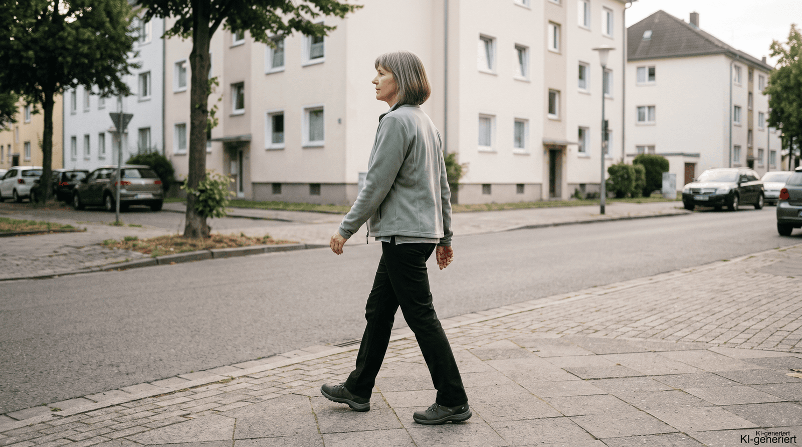 Frau geht am Morgen in ruhigem Tempo durch eine helle Wohnstraße