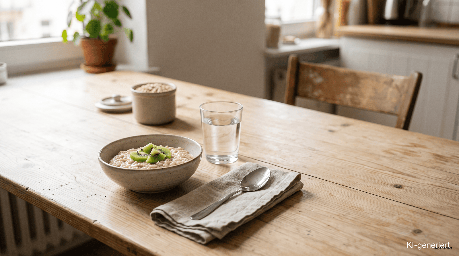 Einfaches Frühstück mit Haferbrei, Kiwi und Wasser als Teil einer Morgenroutine für die Verdauung
