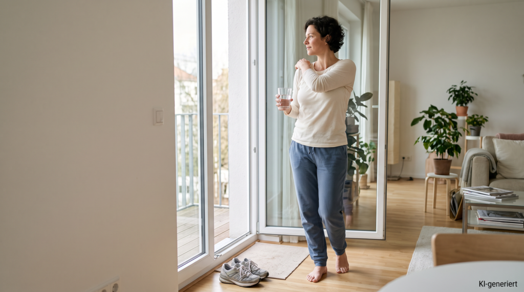 Frau beginnt eine Morgenroutine für die Verdauung mit Wasser und sanfter Bewegung am offenen Fenster