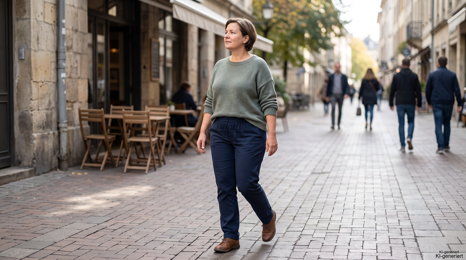 Frau macht unterwegs einen kurzen ruhigen Spaziergang, nachdem ihr Bauch nach dem Essen spannt