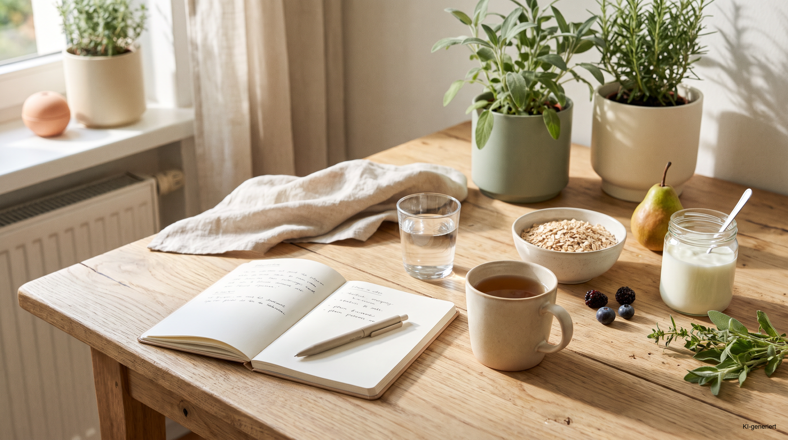 Ruhige Alltagsszene mit Notizbuch, Tee und natürlichen Lebensmitteln