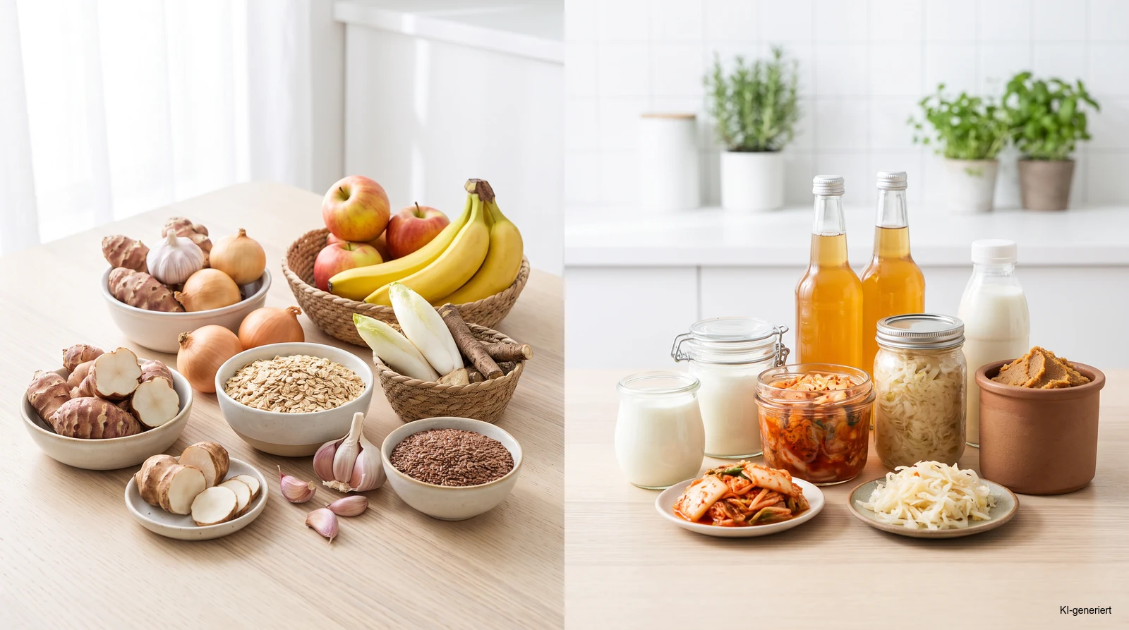 Unterschied Präbiotika und Probiotika als heller Vergleich mit präbiotischen Lebensmitteln, Naturjoghurt, Kefir und einem neutralen Probiotika-Präparat