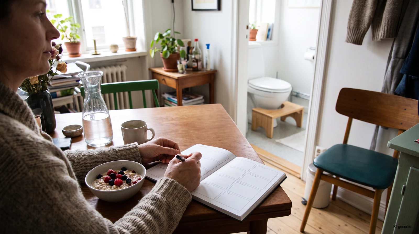 Verdauungsplan für 7 Tage mit Wochenplan, Frühstück, Wasser und sichtbarer Toilettenroutine