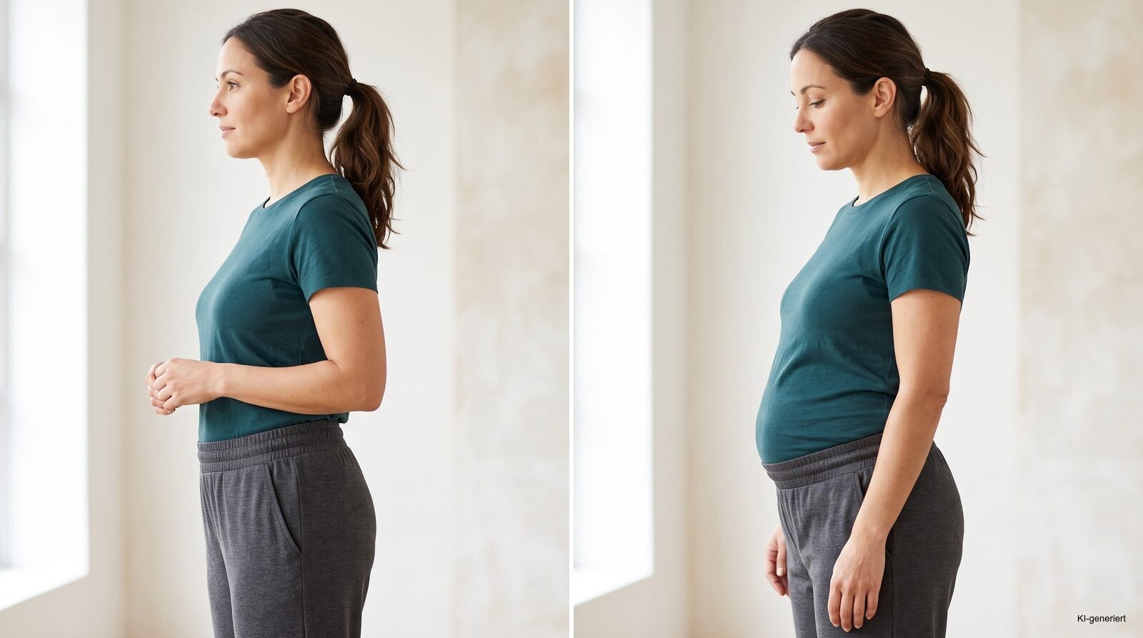 Vorher-Nachher-Seitenansicht derselben Frau mit entspanntem und sichtbar aufgeblähtem Bauch