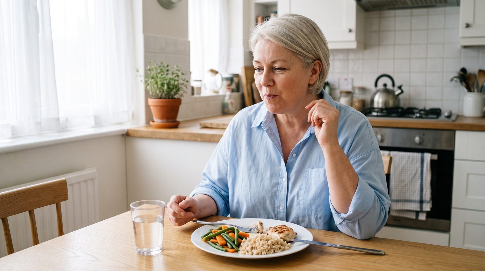 Frau legt beim Mittagessen die Gabel ab und isst bewusst langsam
