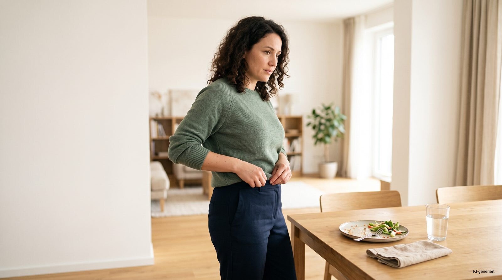 Frau mit gespanntem Bauch nach dem Essen zur Frage „wie entsteht ein Blähbauch?“