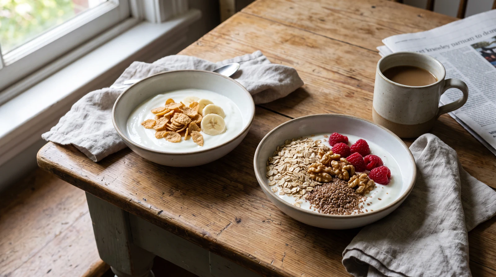 Joghurtfrühstück einmal mit Cornflakes und einmal ballaststoffreicher mit Hafer, Beeren, Leinsamen und Walnüssen