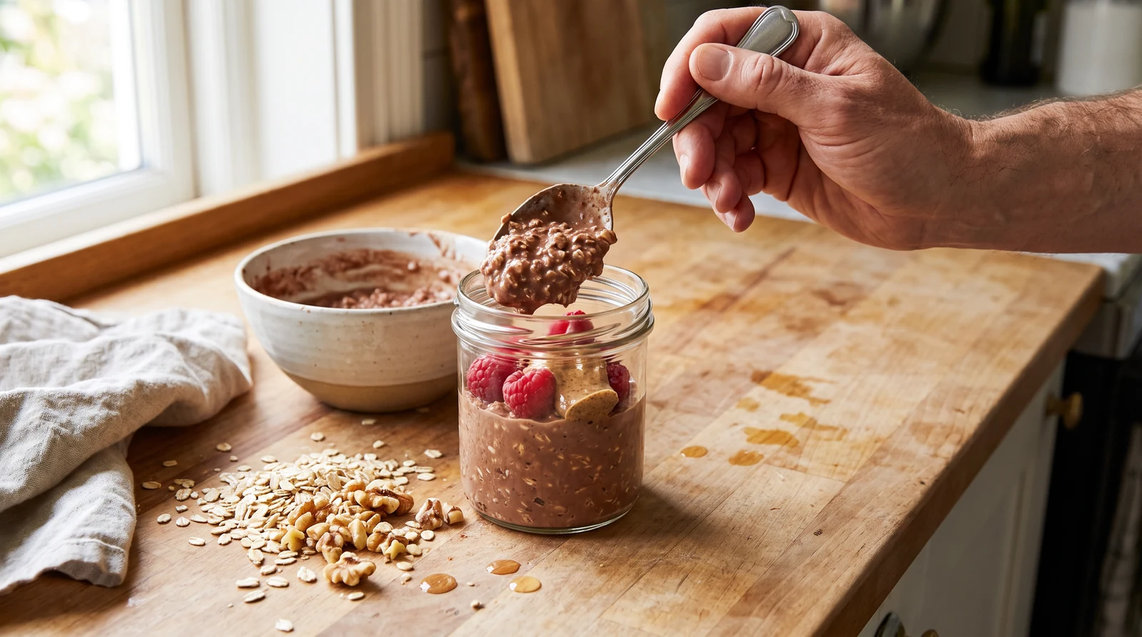 Hände füllen Kakao-Overnight-Oats mit Haferflocken, Beeren und Nussmus in ein Frühstücksglas