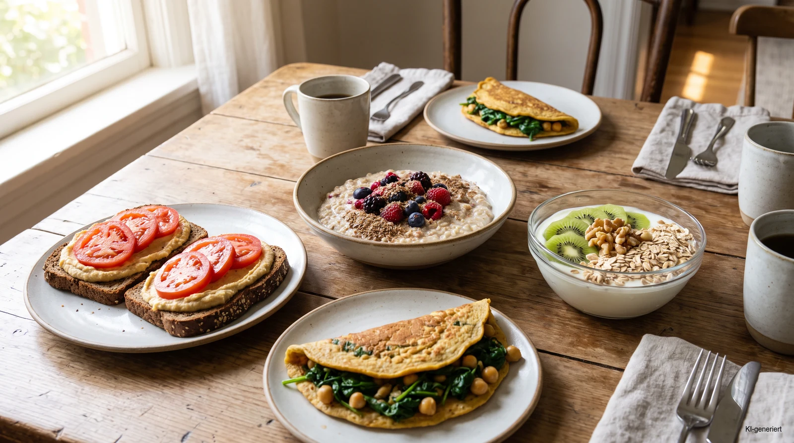 Vielfältiges ballaststoffreiches Frühstück mit Hafer, Beeren, Vollkornbrot, Hummus, Kiwi, Nüssen und Kichererbsen