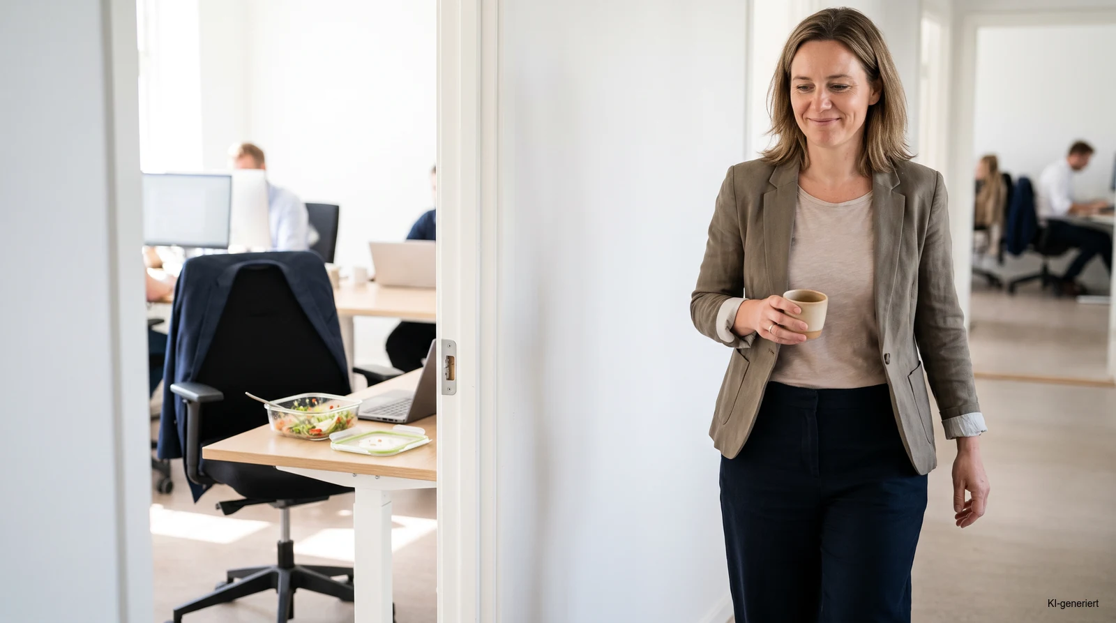 Frau macht nach dem Mittagessen eine kurze Bewegungspause im Büro statt weiter am Schreibtisch zu sitzen