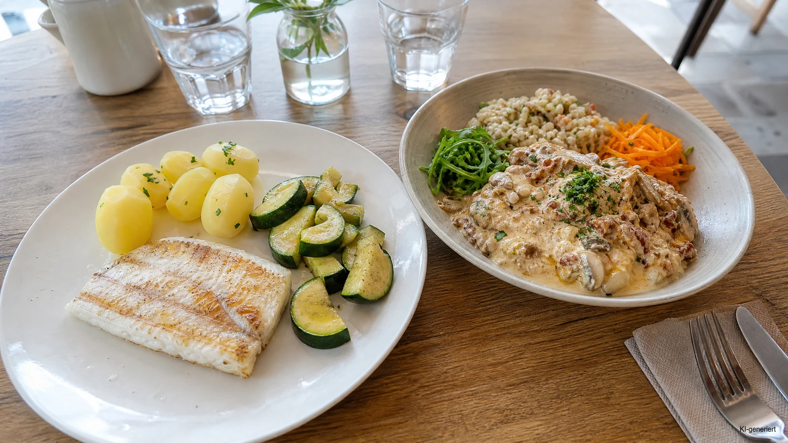 Zwei Restaurantgerichte im Vergleich: eine schlichte Mahlzeit aus Kartoffeln, Fisch und Gemüse sowie ein Gericht mit mehreren Saucen und Beilagen